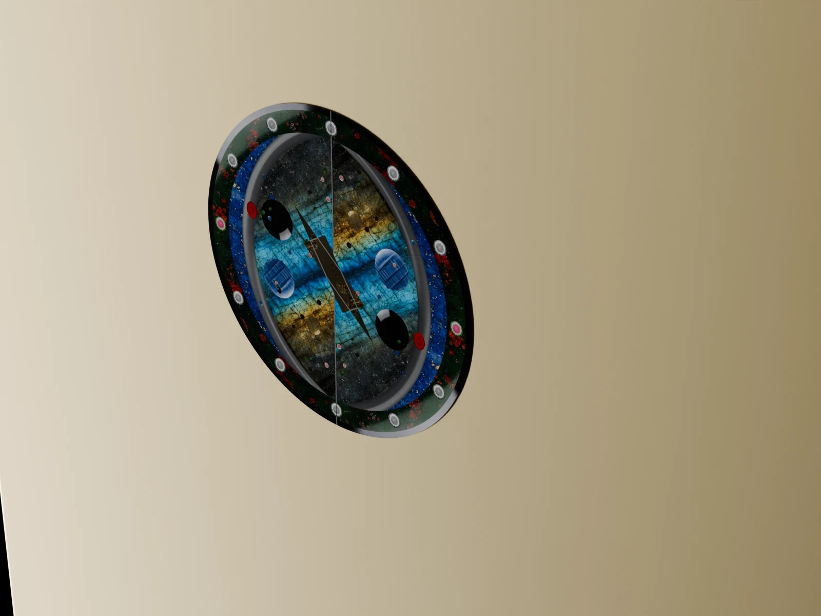 Macro of the ñü.isheru set flush in brushed brass: labradorite disc, lapis crescent with platinum, bloodstone ring
